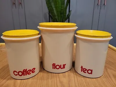 MCM Vintage Plastic 3 Pc Canister Set Coffee Flour Tea Yellow Lid Red Letters • $14.99