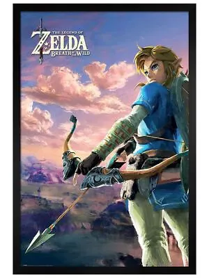 Zelda Poster Black Wooden Framed Breath Of The Wild Hyrule Scene 61x91.5cm • £26.99