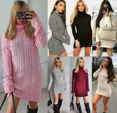 Women's Ladies Chunky Cable Knitted High Roll Neck Long Bodycon Jumper Dress Top • £15.90