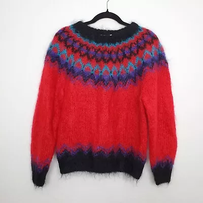 Icelandic Design Womens Sweater Mohair Wool Fair Isle Nordic Hand Knit  Vtg • $38.88