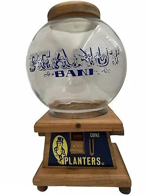 Vintage Planters  Mr. Peanut  Glass Globe Bank Peanut Dispenser W/Wooden Base • $52