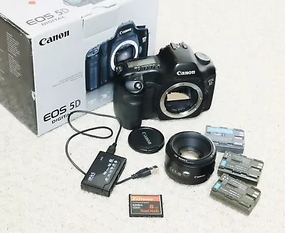 Canon EOS 5D 12.8MP Digital SLR Camera EF 50mm F/1.8 Lens Batteries CF Card • £159.99