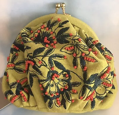 Anthropologie Beaded Lime Green Coin Pouch Purse Snap ~ NWT • $22.99