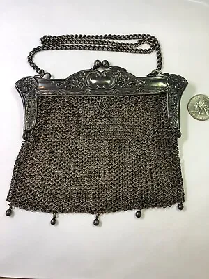 Antique Art Nouveau German Silver Metal Mesh Purse Handbag • $37
