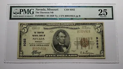 $5 1929 Nevada Missouri MO National Currency Bank Note Bill Ch. #9382 VF25 PMG • $360.99