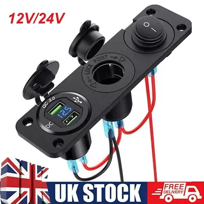 12V Car Cigarette Lighter Socket Adapter & 2 USB Charger Voltmeter Switch Panel • £9.89