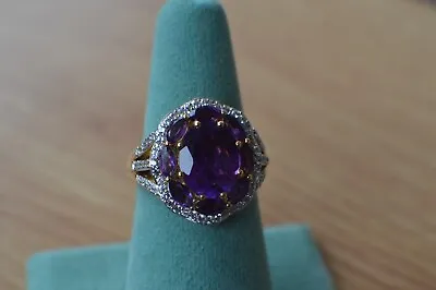 4.90ct Premium Moroccan Amethyst / Zircon Ring 14K YG Over Fine Silver Size 8 • $99.94