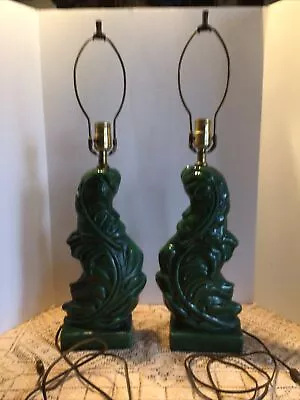 Vintage Royal Haeger Green Ceramic Acanthus Leaf Table Lamps Set Of Two 25” Tall • $125