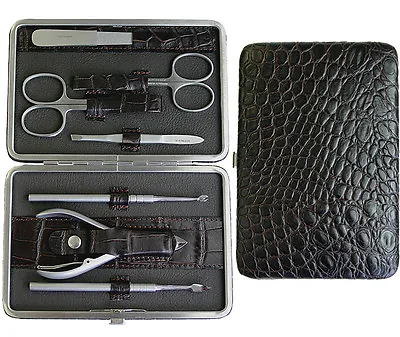 Richard Jäger 7-tlg. Manicure Set Case Men's Crocodile Embossing Leather Inox • $148.59
