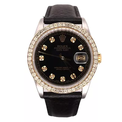 Rolex Mens Datejust 36mm Gold/Steel ICED 1.75ct Diamond Black Dial Watch Leather • $5999.99