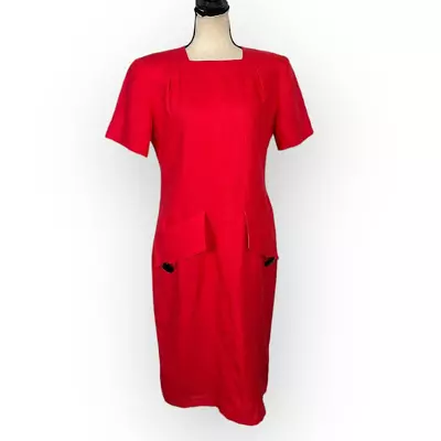 Lanvin Paris Vintage Sheath Dress Women's 40 Red Linen Button Back • $75