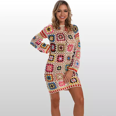 Granny Square Crochet Dress Long Sleeve Women Boho Clothing Randomly Blend Color • $40