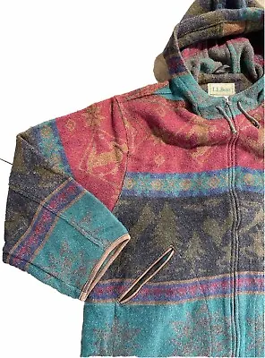 Vintage LL Bean Wool Blanket Coat Jacket  Navajo Aztec Hippy Hood Full Zip L XL • £100