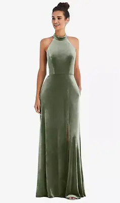 High-Neck Halter Velvet Maxi Dress With Front Slit...TH055....Sage...Size 12 • $86