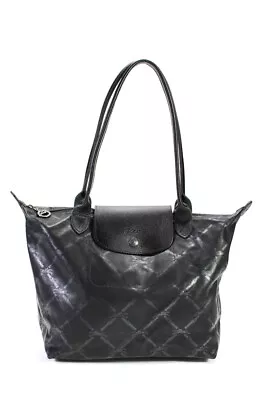 Longchamp Womens Leather Monogram Small Top Handle Tote Shoulder Handbag Black • $59.99