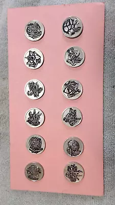 Set Of 12 Months Of Flowers Pewter Buttons 7/8  Inch Violets Rose Lily Of Valley • $48