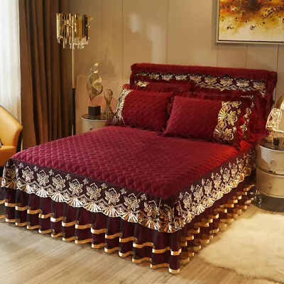 Luxury Quilted Velvet Bed Skirt Bedspread Lace Ruffle Drop Bed Sheet Cover Home • £51.88