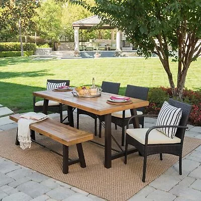 Belen Outdoor 6 Piece Teak Finished Acacia Wood Dining Set With Dining Chairs • $933.69