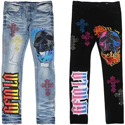 GFTD LA Los Angeles Men's Lonzo Skinny Fit Painted Skull Embellished Cross Jeans • $38