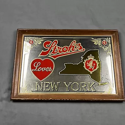 Vintage Beer Bar Sign Mirror STROH'S Loves New York Man Cave Decor Glass 22”X15” • $49.95