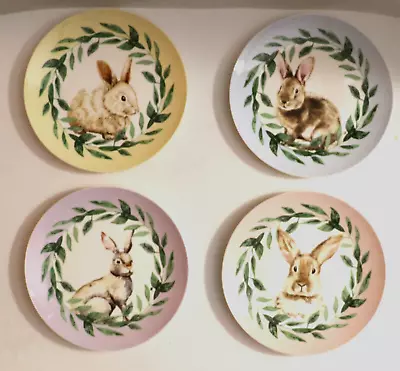 Easter Bunny 4 Plates With Light Yellow Blue Lilac & Pink Rims Kirkland. • $37