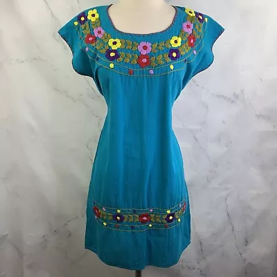 VINTAGE 70s OAXACAN Mexican Dress Sz S Handmade Embroidered Cotton Blue Floral • $44