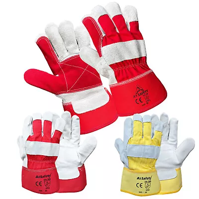 Canadian Double Palm Rigger Gloves Heavy-Duty Leather Safety Gauntlet Red Yellow • £11.49