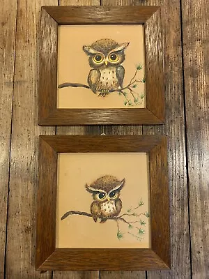 VTG 70s 2 RETRO FRAMED OWL PAINTINGS SIGNED & ADORABLE MID CENTURY CABIN COTTAGE • $49.95