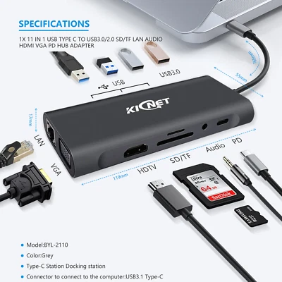 $129 • Buy 11 IN 1 USB C To USB3.0/2.0 SD/TF LAN Audio HDMI VGA PD Hub Adapter For Laptop