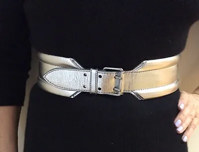 Alexander McQuenn Women Silver Leather Waist Belt Size 80/32 • $250