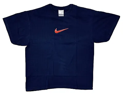 Nike Puff Swoosh T-Shirt Size Large Vintage 2000 Red On Navy 100% Cotton Rare VG • $48.86