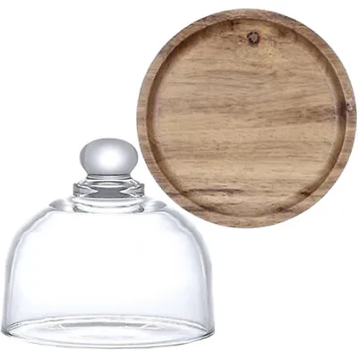 Glass Lid Tray Dessert Display Dome Wood Cake Stand Food Plate • £11.94