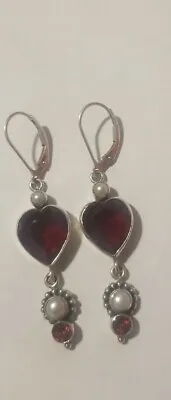 Beautiful Sterling Mars And Valentine Garnet Heart And Pearl Dangling Earrings • $285
