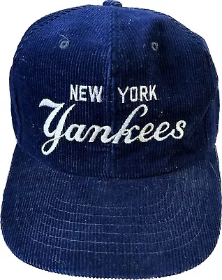 Vintage 80s Yupoong New York NY Yankees Corduroy Script Snapback Hat Navy Blue • $127.49