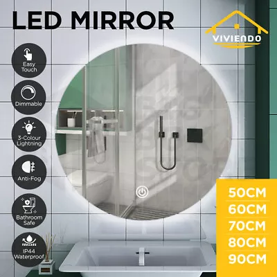 LED Wall Round Mirror Anti-fog Bathroom Mirrors Makeup Light 50/60/70/80/90cm • $118.95