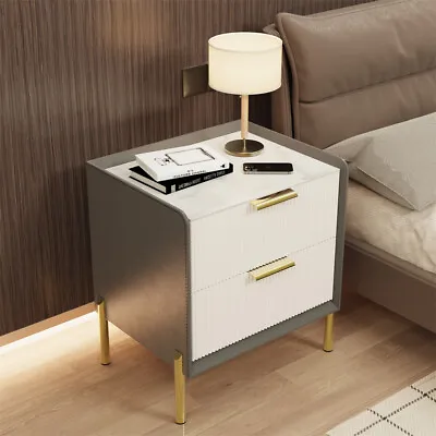 High Gloss Nightstand Bedside Table With 2 Drawers Marble Top Bedroom Furniture • $88.91