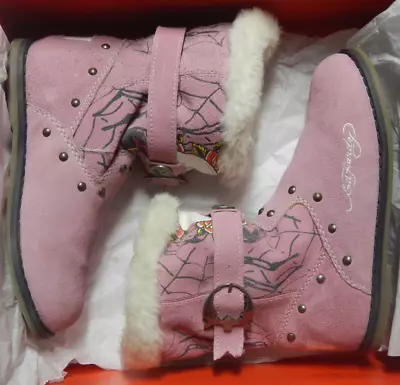 Ed Hardy Kids Pink Boots + Box Size 5 Tattoo Graphics Embellishments Boot Straps • $49.99