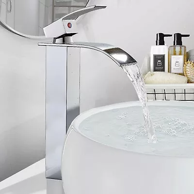 Waterfall Countertop Basin Tap High Rise Tall Bathroom Sink Mixer TapChrome Tap • £30.99