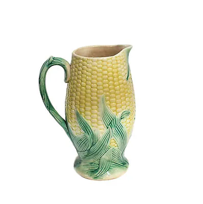 Antique Majolica Large Corn Cob Pitcher Moulded Pottery Green Yellow • $375