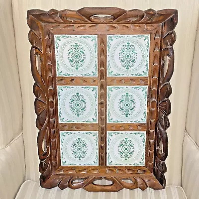 Vintage Mexican Hand Carved Wood Serving Tray With Green & White Ceramic Tiles • $49.99