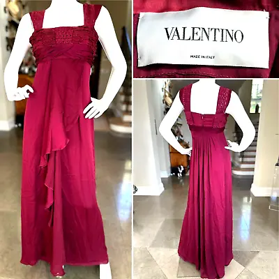 Valentino Vintage 80's Red Silk Evening Dress With Pleated Bodice • $900