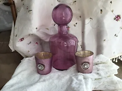 Antique Apothecary Glass Amethyst Purple Bottle & 2 Rhinestones Mercury Votives • $49