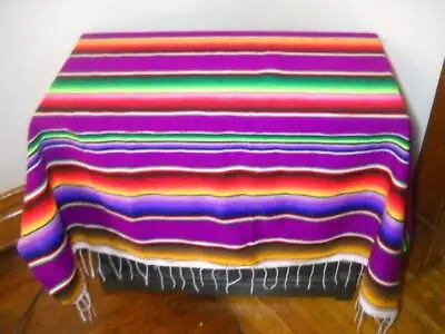 Vintage Woven Wool Saltillo Serape Mexican Fringed Striped Blanket 62  X 86  • $149.25