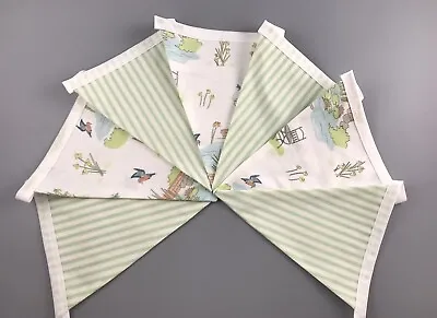 Green & Cream Striped And Garden Kingfisher Fabric Double Sided Bunting • £7.50