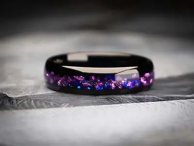 6mm Alexandrite Tungsten Ring Polished Black With Purple Gem Mens Wedding Band • $162.18
