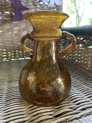 Vintage Amber Crackle Art Glass Vase With Handles • $5.49