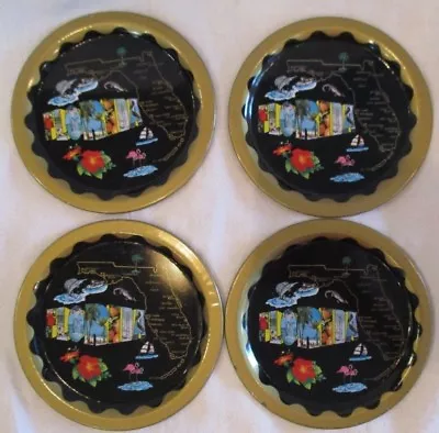 4 VINTAGE 1960-70's TIN METAL-WEAR FLORDIA MAP COASTER SET FLAMINGO HIBISCUS ++  • $13.44