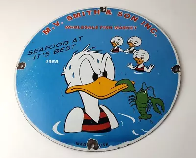 Vintage Fish Market Sign - Porcelain Walt Disney Grocery Store Gas Oil Pump Sign • $129.27