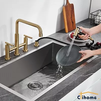 Clihome Dual Handle Centerset Bridge Kitchen Faucet With Pull-Out Side Spray • $159.99