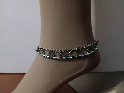 Vintage Ankle Bracelet 2 Strands Silver+ Blue Beads & Silver Chain +Round Charms • $16